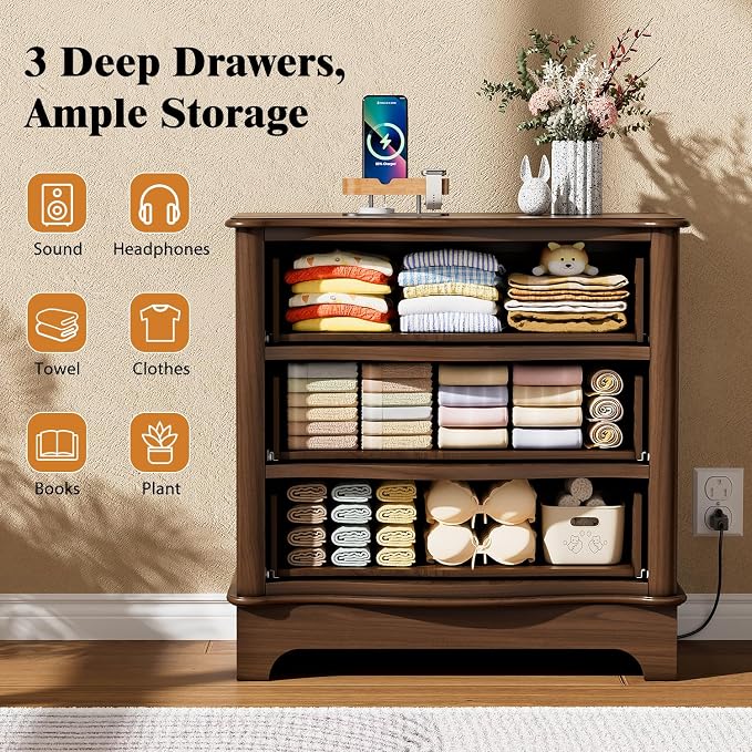 3 Drawers Dresser for Bedroom with Charging Station, 28" Wide Small Chests of Drawers, Farmhouse Wood Nightstand Bedside Cabinet End Table for Bedroom, Living Room, Closet, Hallway - Image 3