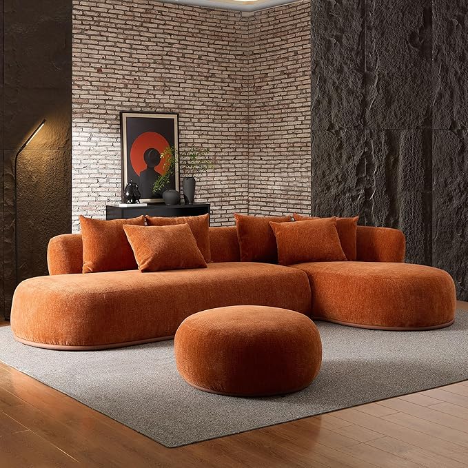KEIKI 135" L-Shaped Oversized Boucle Sectional Sofa with Right Chaise, Modern 5-Seater Polyester Curved Couch with PU Leather Base, 1 Ottoman & 6 Pillows, No Assembly Required, for Living Room, Orange