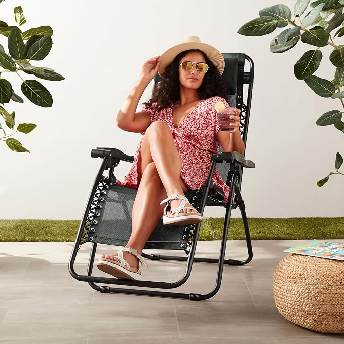 Amazon Basics Outdoor Patio Zero Gravity Portable Folding Reclining Lounge Chair with Padded Headrest Pillow, Weather Resistant Textilene, 26", Black - Image 2
