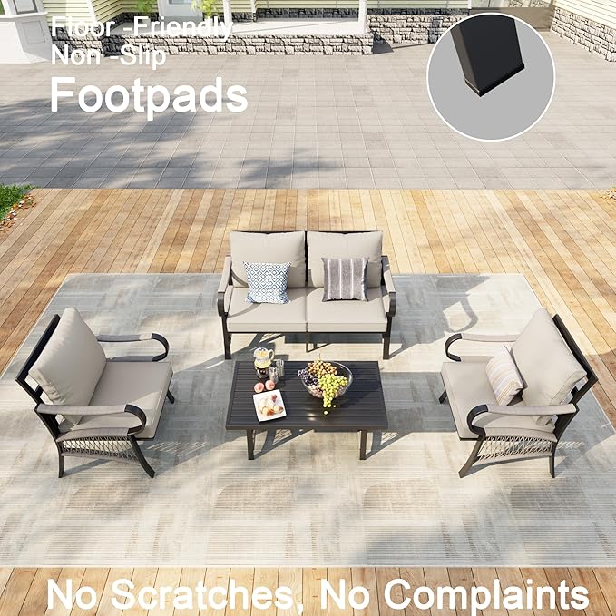 4 Pieces Patio Conversation Sets, Outdoor Furniture with Metal Waterproof 2 Single Chairs with 5" Extra Thick Cushion 1 Loveseat Sofa with Coffee Table, Beige