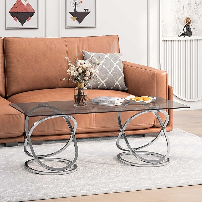 47" Rectangle Coffee Table with Tempered Glass Tabletop, Modern Chrome Ring Base, Gray, Luxury Living Room Center Table