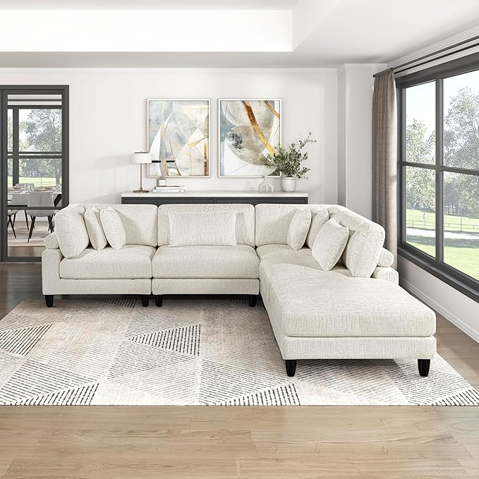 Lexicon 120 Inch Modular Sectional Sofa - Oversized 5 Seater Microfiber L Shaped Sectional Couch with Ottoman, 6 Accent Pillows, and Flexible Arrangement for Modern Living Rooms, Beige