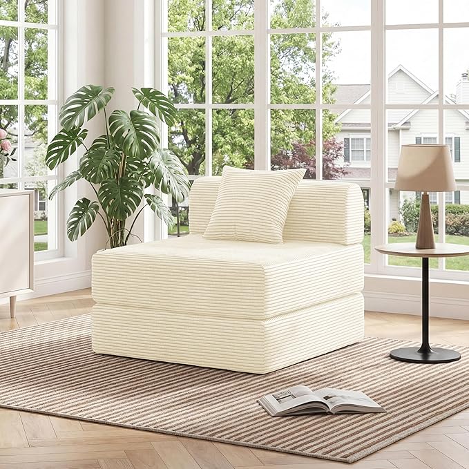 HouseMila Sofa Bed Couch,Convertible Boneless Couch Compressed Chair Comfy Boneless Chair Floor Lounge Chair with Pillow,No Assembly Folding Sofa Beds for Living Room Bedroom Guest Room(Single,Beige