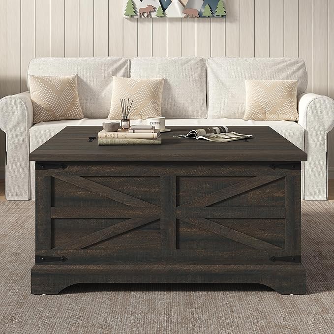 Furnideco 35.5''W Square Coffee Table Farmhouse Lift top Coffee Table with Large Hidden Storage, Wood Center Table for Living Room, Home Office, Dark Brown