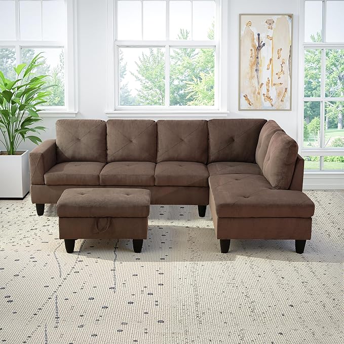 NicBex Modular L-Shaped Sectional Couches, 3-Piece Convertible Couch with Storage Ottoman, 4-Seat Comfy Sofa with Chaise for Living Room & Apartment, Brown