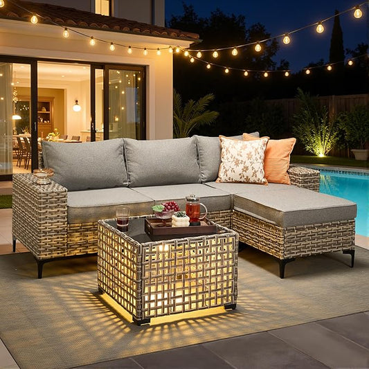 HOOOWOOO Outdoor Sectional Furniture Set with Solar Table,5 Pieces Wicker Patio Conversation Sets,L Shape All Weather Resistant Outside Couch Sofa Ottoman,Charcoal Gray