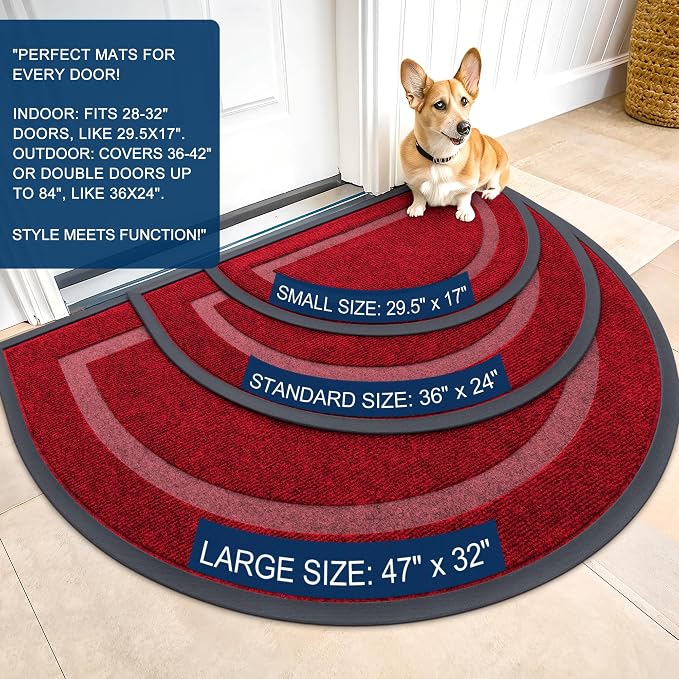 OLANLY Half Circle Door Mat Indoor Outdoor Entrance Welcome, Waterproof All-Season, All-Weather Doormat, Sturdy Natural Rubber, Low Profile, Easy Clean Patio Porch Entryway Mat, 59x23, Wine Red - Image 2