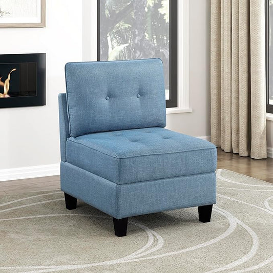 Lexicon Modern Modular Armless Chair with Hidden Storage, Textured Fabric Chair with Button-Tufted Design, Reversible Back Cushion for Living Room/Bedroom/Office, Blue