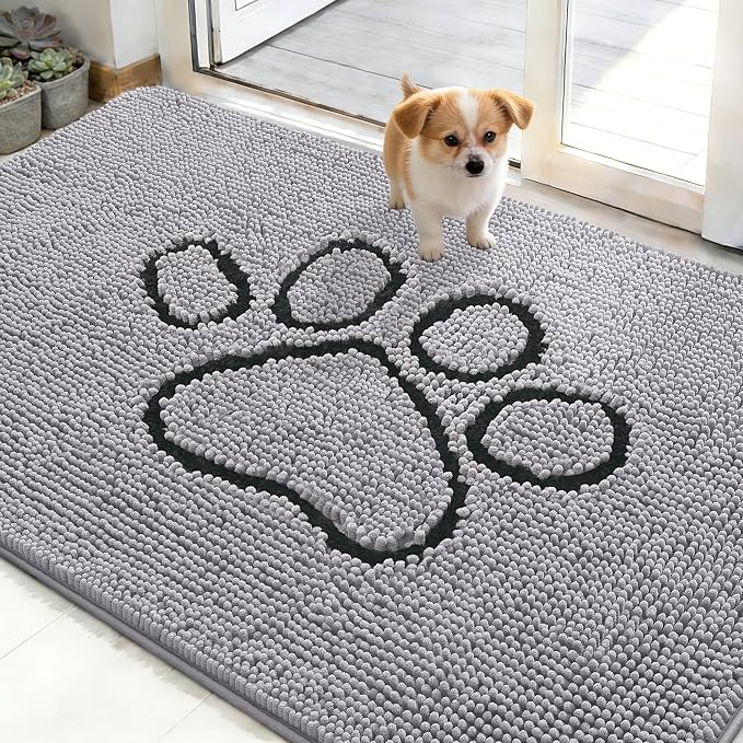 OLANLY Dog Door Mat for Muddy Paws 48x30, Paw Print Design, Absorbs Moisture and Dirt, Non-Slip Washable Doormat, Quick Dry Chenille Mud Mat for Dogs, Entry Indoor Entryway Carpet, Light Grey by OLANLY