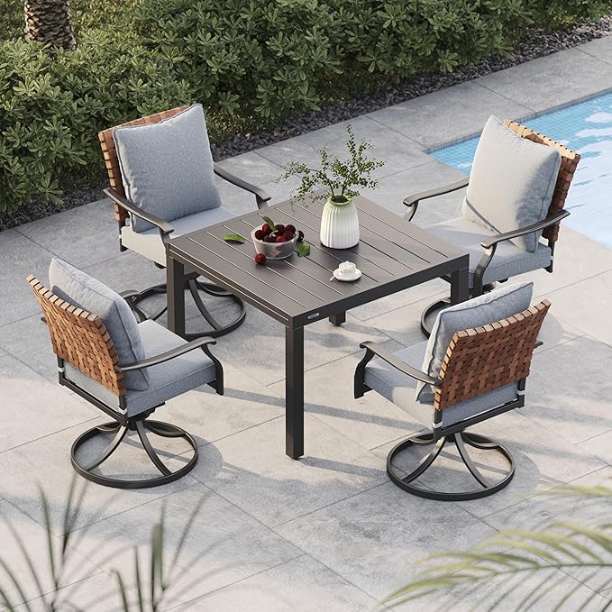 Grand patio 5-Piece Outdoor Dining Set, 4 Leather-Look Wicker Swivel Patio Chairs & 1 Expandable Dining Table, Black by GrandPatio