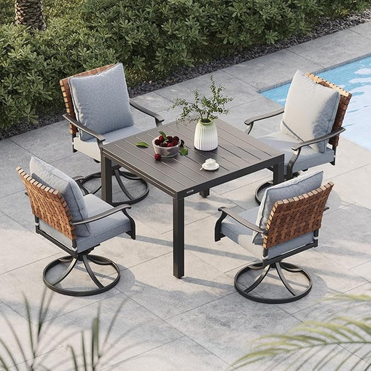 Grand patio 5-Piece Outdoor Dining Set, 4 Leather-Look Wicker Swivel Patio Chairs & 1 Expandable Dining Table, Black by GrandPatio
