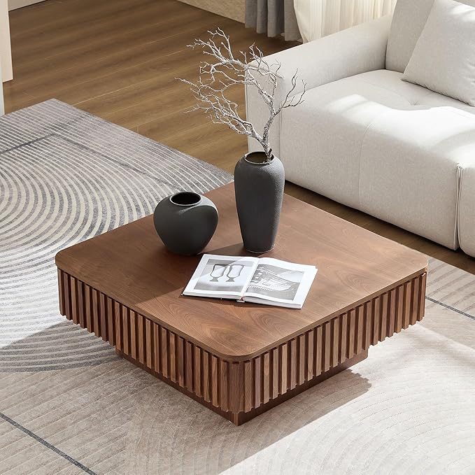 WILLIAMSPACE 35.43" Lift Top Coffee Table with Hidden Storage & Sturdy Base, Modern Luxury Square Wood Handcraft Drum Center Table Accent End Tea Table for Living Room, Minimalist Fluted Design-Walnut