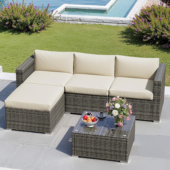 5 Pieces Outdoor Patio Furniture Set, Patio Sectional Furniture Set, All-Weather Wicker Rattan Patio Conversation Set with Washable Thick Cushions and Coffee Table, Outdoor Patio Sofa Couch Set, Beige