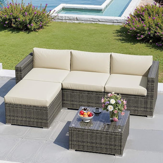 5 Pieces Outdoor Patio Furniture Set, Patio Sectional Furniture Set, All-Weather Wicker Rattan Patio Conversation Set with Washable Thick Cushions and Coffee Table, Outdoor Patio Sofa Couch Set, Beige