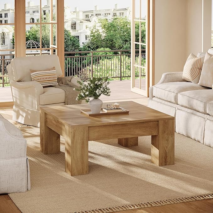 Tribesigns Farmhouse Square Coffee Table, 39-Inch Wooden Coffee Table with Sturdy Legs, Rustic Accent Center Table for Living Room, Easy Assembly, Light Brown