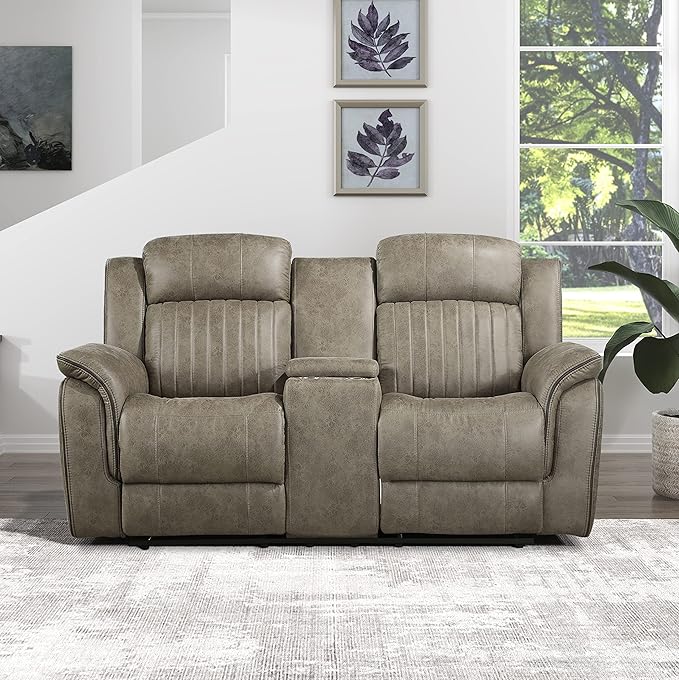 Lexicon 74" W Manual Double Reclining Loveseat with Center Console, Polished Microfiber Recliner Loveseat, Pillow Top Arms, for Living Room, Easy Assembly, Sandy Brown