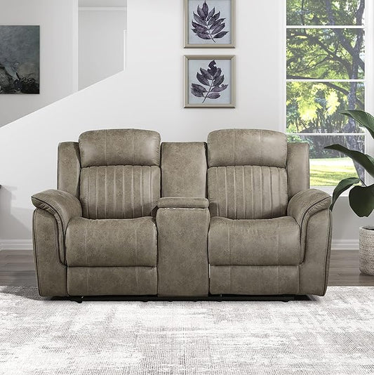 Lexicon 74" W Manual Double Reclining Loveseat with Center Console, Polished Microfiber Recliner Loveseat, Pillow Top Arms, for Living Room, Easy Assembly, Sandy Brown