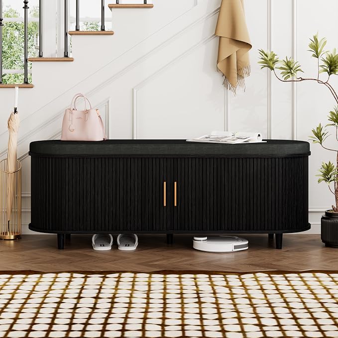 DHH 2-Tier Storage Bench,Wide Shoe Bench with Thickened Padded Seat Cushion, Mid Century Modern Fluted Sliding Door and Adjustable Shelf, for Entryway, Living Room, Bedroom (Black, 51.2”) - Image 4