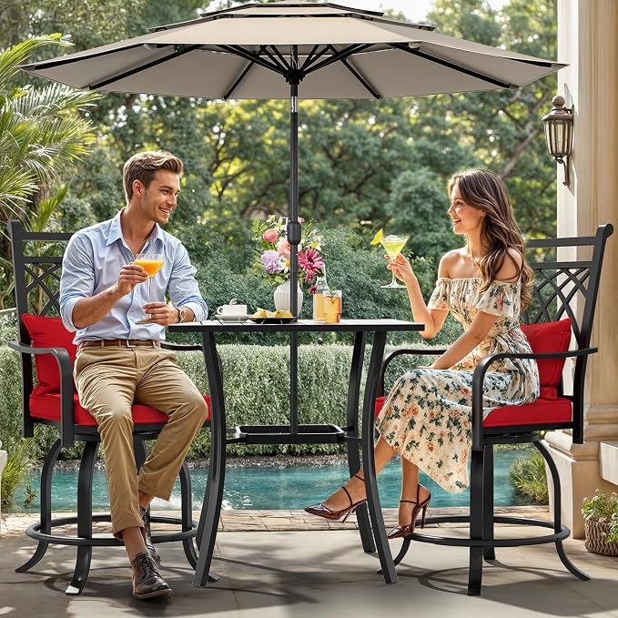 DWVO Metal Outdoor Bar Stools Set of 2, Heavy-Duty Bar Height Outdoor Chairs 352 Lbs Capacity, All-Weather E-Coated Swivel Barstools with Red Cushion & Pillow for Patio Deck Balcony by DWVO