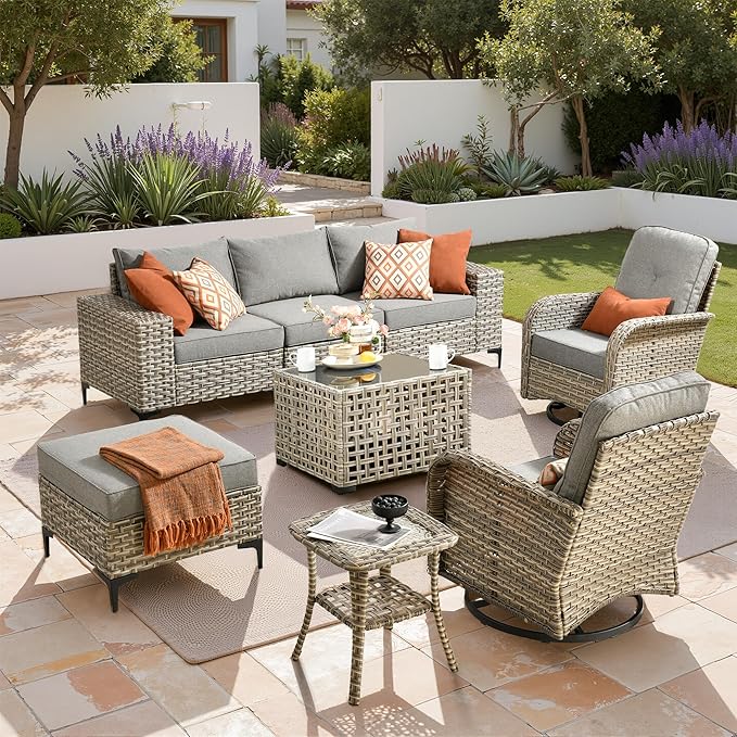 Patio Furniture Set, 8 Pieces Outdoor Wicker Conversation Sets with 2 Wicker Rocking Chair & Coffee Table Outdoor Sectional Sofa for Balcony Backyard Poolside Garden Lawn (Gray)