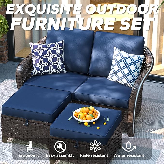 3 Pieces Patio sectional Sofa Set, Outdoor Conversation Furniture Set, 55" Patio Couch with 2 Ottomans, Rattan Wicker Sofa with Removable Cushions for Bistro, Deck (Navy Blue)