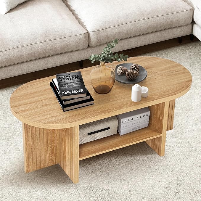 43.3" Coffee Table with Storage, Oval Coffee Tables for Living Room, Farmhouse Fluted Coffee Table with Large Storage Shelf, Wood Center Table for Small Space, Natural