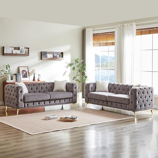KEIKI 2-Piece Luxury Chesterfield Sofa Set with 2 Velvet 3-Seater Sofa, Mid-Century 6-Seater Tufted Buttons Couch Set with 4 Pillows & High-Density Foam Cushions, Easy Assembly, for Living Room, Grey