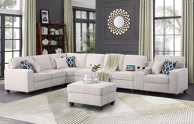 ERYE 151-Inch U-Shaped Sectional Sofa Chenille Upholstered Corner Convertible Sectional,9 PCS Modular Couch with Ottoman,Storage Console, Cupholders and Charging Station