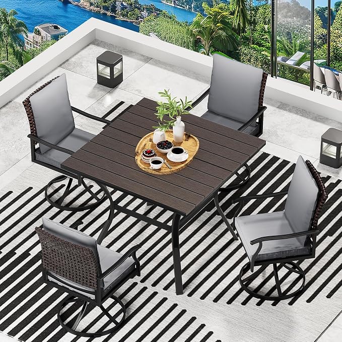 LEVELEVE 5 Piece Outdoor Patio Dining Set with 4 Swivel Dining Chairs & 1 Large Round Dining Table,Bistro Furniture Set for Lawn, Garden, Deck, Backyard and Porch - Image 2
