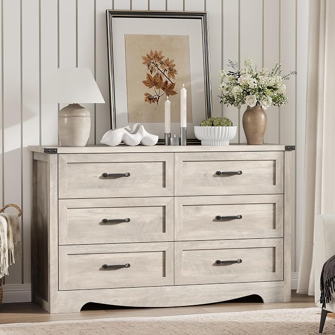 Dresser for Bedroom with 6 Drawers, 48" Wide Wood Chest of Drawers with Deep Drawers & Mental Handle, Modern Dresser TV Stand, Wooden Closet Storage Organizer for Living Room, Hallway, Entryway, Grey - Image 3