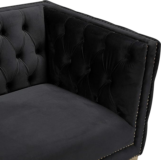 Meridian Furniture 652Black-L Michelle Collection Modern | Contemporary Loveseat with Deep Button Tufting, Gold Nailhead Trim and Sturdy Gold Iron Legs, Black Velvet, 66" W x 34" D x 30" H