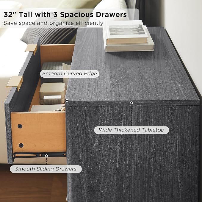 T4TREAM Fluted 3 Drawers Nightstand Set of 2, Oversized Extra Large Modern Side Table, End Table Bedside for Bedroom, Living Room, Curved Profile Design, Dark Alder - Image 5