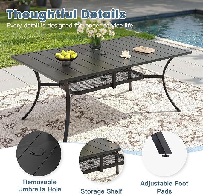 DIFY 7 Pieces Outdoor Patio Dining Set for 6, 59.2" Black Rectangle Metal Dining Table and 6 Brown Stackable Textilene Patio Chairs, Outdoor Table and Chairs for Backyard Garden Poolside - Image 2