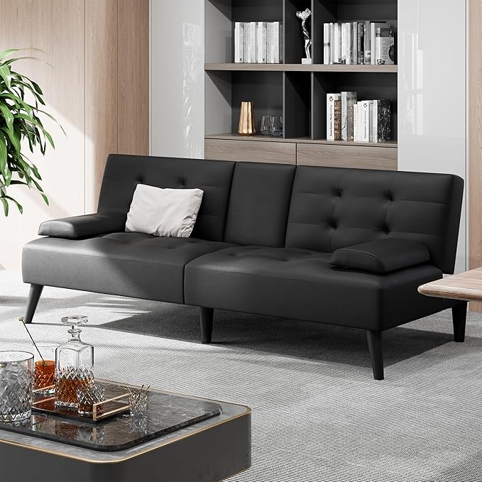 Shintenchi Futon Sofa Bed, Leather Foldable Couch, Reclining Sleeper with Removable Armrests, Upholstered Loveseat Sofa Couch with Folding Cup Holders for Home, Office(Black)