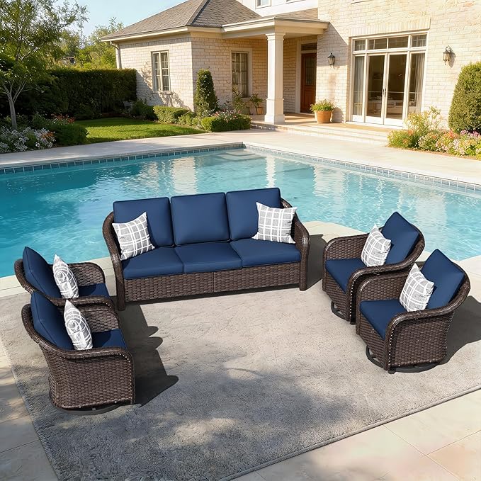 5 PCS Outdoor Conversation Set | 78" Couch, 4 Swivel Chairs, Patio Wicker Conversation Furniture with Removable Cushions for Bistro, Deck, Sunroom (Navy Blue)