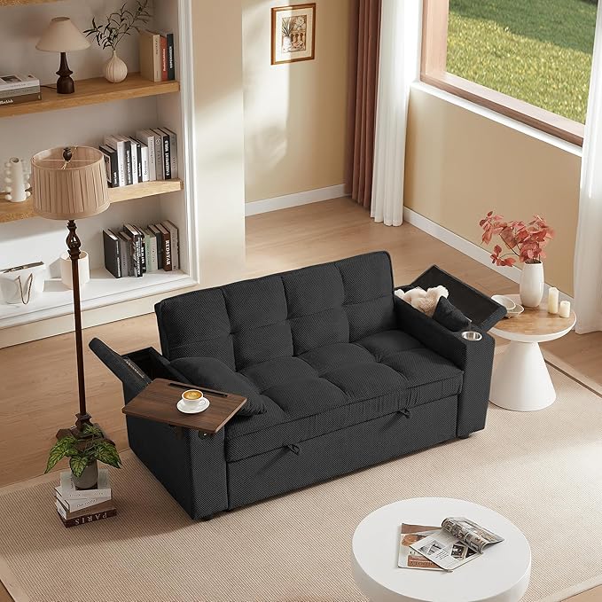 Eafurn 3 in 1 Convertible Sleeper Sofa Couch Bed,Padded Futon Loveseat Couch with Pull-Out Bed, 65" Oversized Recliner Loveseat Lounge Chaise w/Storage Armrest,USB, Side Table and Cupholders