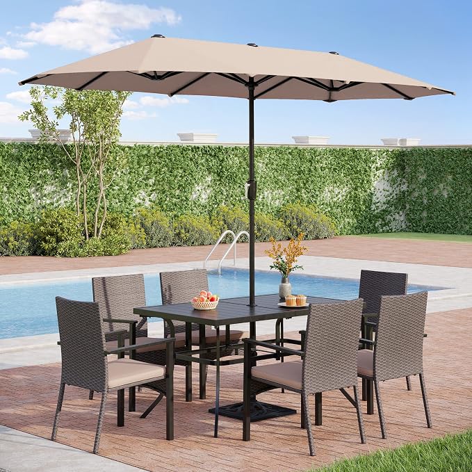 PHI VILLA 6-Person Outdoor Metal Steel Slat Dining Rectangle Table with Adjustable Umbrella Hole, Weather-Resistant for Patio Outdoor Use, Black - Image 4