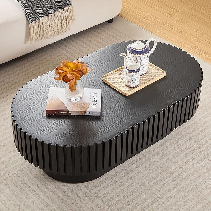 Oval Coffee Table for Living Room Wooden Coffee Table with Pedestal Modern Handcrafted Centre Table Tea Table Easy Assembly 43.7" Black