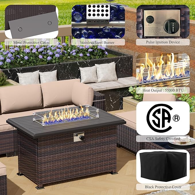 10 Pieces Outdoor Patio Furniture Set,Outdoor Sectional Furniture with 43" 55000 BTU Gas Propane Fire Pit Table,All Weather PE Rattan Wicker Patio Conversation Set,Sand