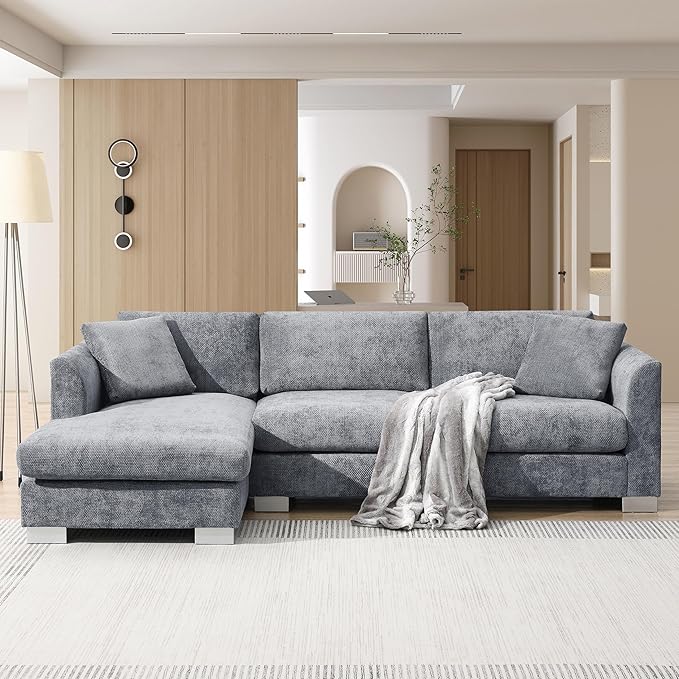 Deep Seat Oversized L Shaped Modular Sectional Sofa with Extra Wide Chaise, 4 Seater Cloud Lounge Sofa Corner Couch with Metal Legs and Detachable Cushions for Living Room Apartment, Chenille Fabric