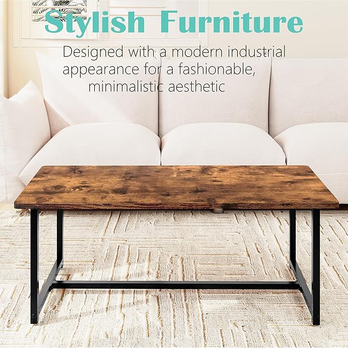 Coffee Table for Living Room, Modern Rectangular Center Coffee Tables for Small Space, Industrial Furniture, Sofa End Tables/Tea Table/Center Table, Couch Table with Metal Black Frame Rustic Brown