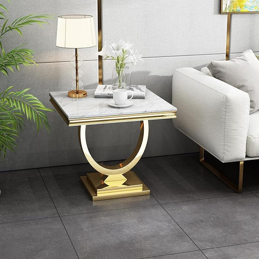 Modern Faux Marble End Table, Faux Marble Side Table with Geometric Frame, Rectangular Marble Center Table Tea Table Accent Furniture for Living Room, Simple Assembly (Gold)