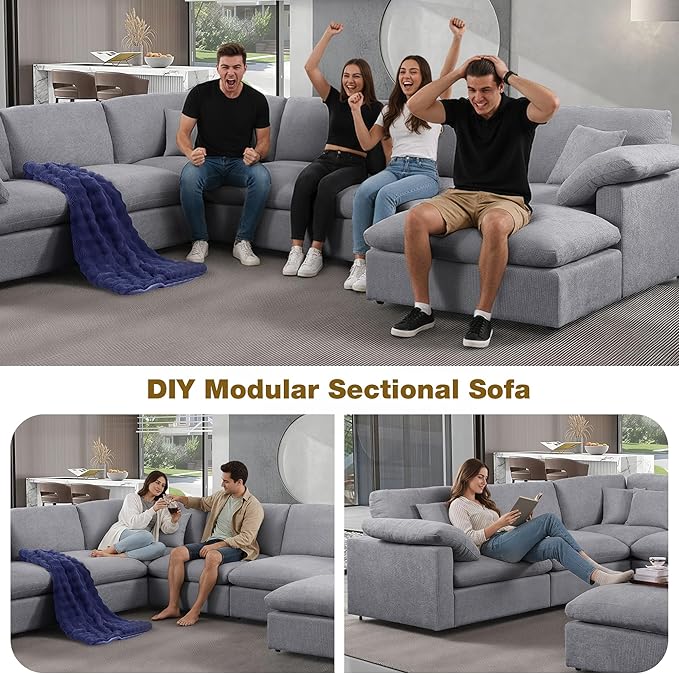 144-Inch Oversized L-Shaped Corner Sectional Cloud Sofa,Modern 7 Seat Modular Cloud Sofa Luxury Convertible Couch with 6 Pillows and Movable Ottoman for Living Room
