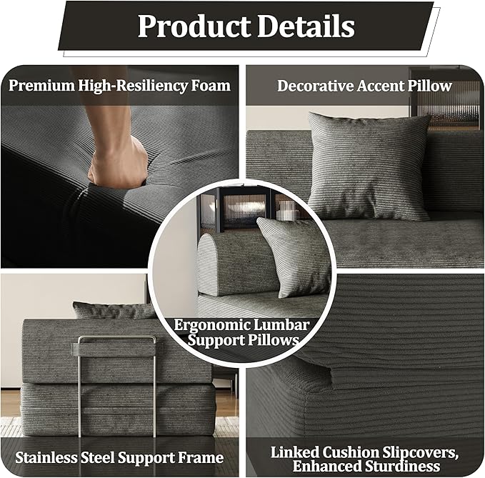 31.5'' Convertible Compressed Corduroy Folding Cloud Sofa Bed Set of 2, 2 Pieces Modern Boneless Pull Out Sleeper Sofa Couch, 3 in 1 Portable Lazy Floor Lounge Chair Set, No Assembly Needed, Grey