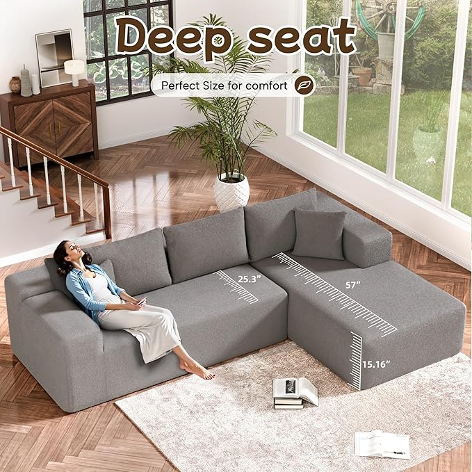 L-Shape Cloud Sectional Sofa, 104” Modern Modular Boneless Couch with Left Chaise Lounge, Compressed Floor Sofa with 5 Pillows & Deep Seat, Rain Drop Velvet Couch for Living Room, Light Gray