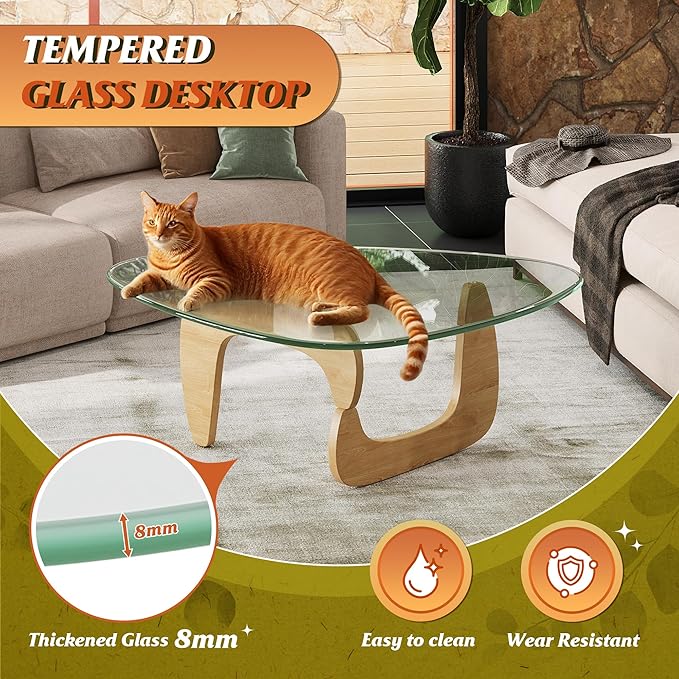 WLIVE Coffee Table, Small Glass Coffee Table with Solid Wood Legs, 36" Mid Century Triangle Living Room Tables, Modern Center Table for Living Room, Reception, Office, Natural