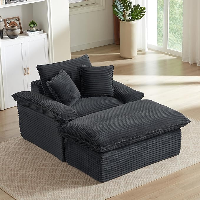 52" Oversized Chaise Lounge Chair Boneless Sofa Bed, Plush Corduroy Upholstered Cloud Lounge Sofa Couch with Ottoman, Modern Deep Seat Sleeper Chair w/Thickness Cushions for Living Room, No Assembly