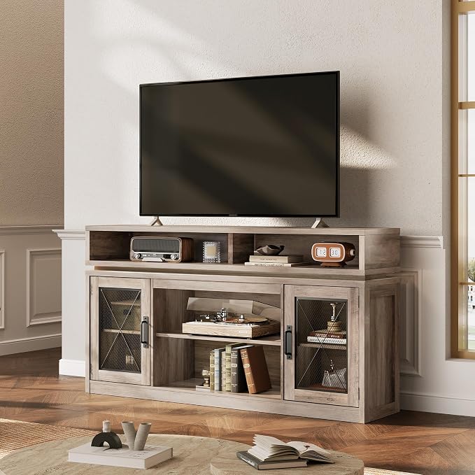 WLIVE Farmhouse TV Stand for TVs Up to 65 Inches, Tall Entertainment Center with Storage Cabinets & LED Lights, Media Console for Living Room, Bedroom, Home Theater, Gray Oak - Image 2