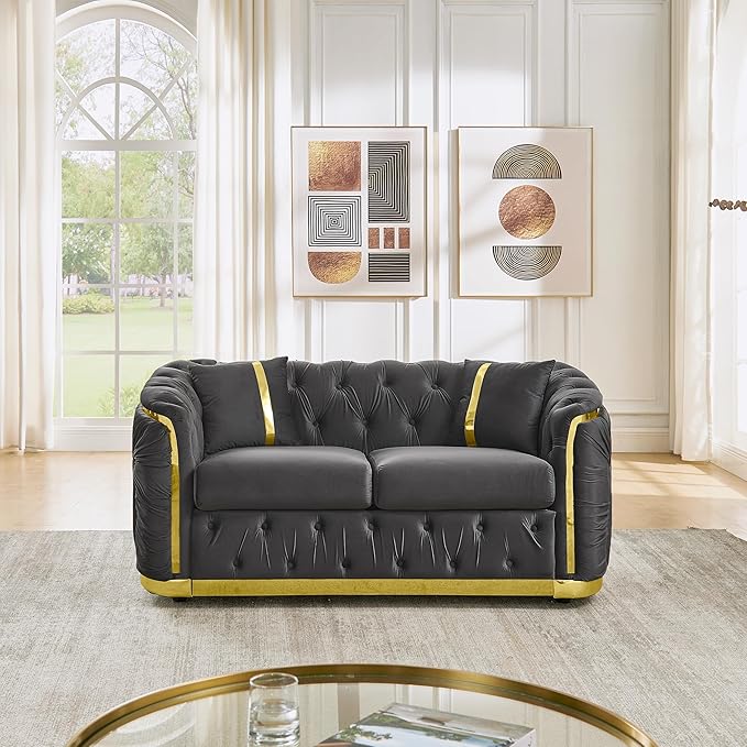 KEIKI 63" Luxury Oversized Velvet Chesterfield Sofa with 2 Pillow & Gold Stainless Decoration, Italian Modern Style 2-Seater Button Tufted Couch with Rolled Arms, Easy Assembly, for Living Room, Gray