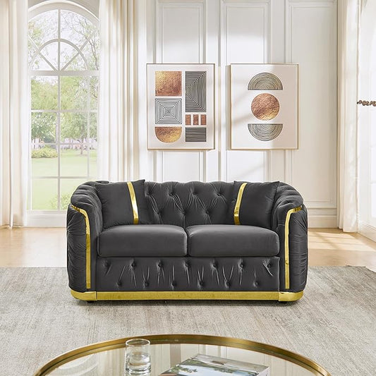 KEIKI 63" Luxury Oversized Velvet Chesterfield Sofa with 2 Pillow & Gold Stainless Decoration, Italian Modern Style 2-Seater Button Tufted Couch with Rolled Arms, Easy Assembly, for Living Room, Gray